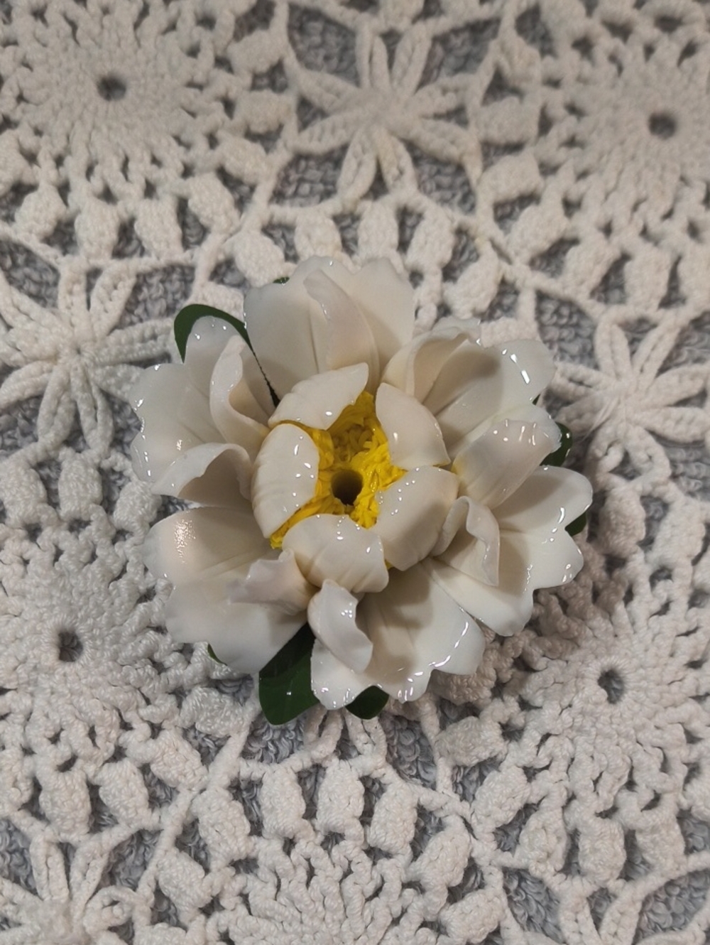 Incense Burner White Porcelain Flower Accent with Yellow Center